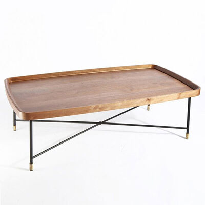 Industrial Wooden Rectangular Coffee Side Table Set Walnut Color