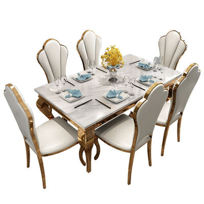White Marble Dining Table And Chairs Set Stainless Steel Rectangle