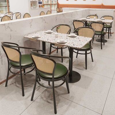 Durable Rattan Restaurant Dining Table Set Marble Top PU Leather
