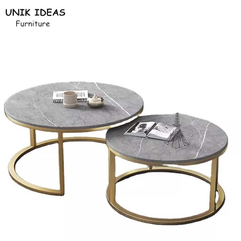 Double Round Luxury Center Tables Gold Stainless Steel Leg Marble Top