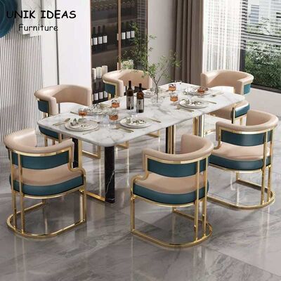 अच्छी कीमत Luxury Style Metal Leather Dining Table And Chairs Iron Gilded Legs Leather Seat OEM ऑनलाइन