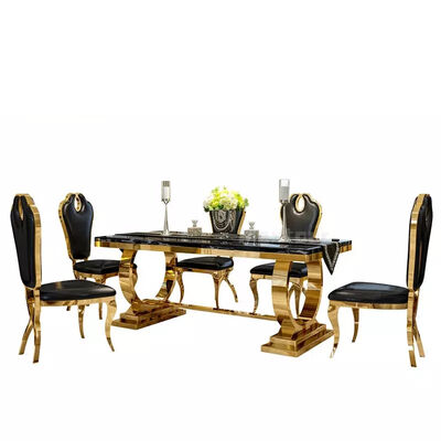 अच्छा दाम Rectangle Shape Dubai 8 Seater Marble Dining Table Set Stainless Steel Base With Chairs ऑनलाइन