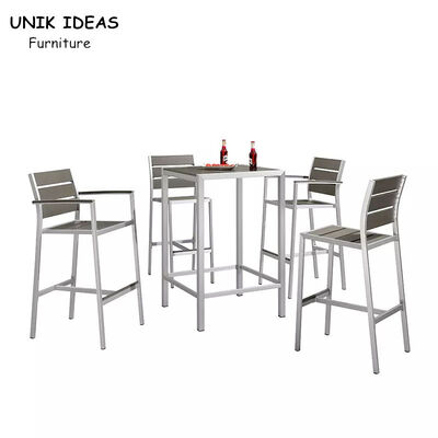 अच्छी कीमत 7 Piece Bistro Bar Table And Stools Aluminum Frame Wood Surface UV Resistant ऑनलाइन