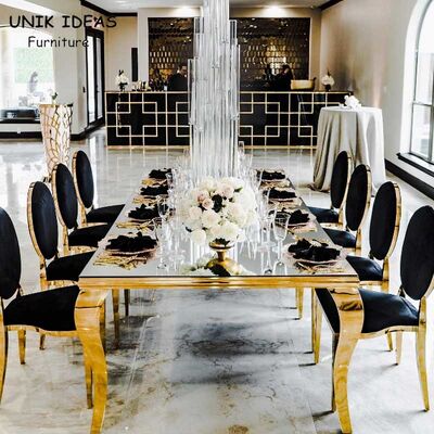 अच्छा दाम Luxury Hotel Wedding Table And Chairs Stainless Steel Leg With Morrored Top ऑनलाइन