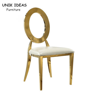 अच्छा दाम Stainless Steel Gold Round Back Wedding Dining Chairs With White Leather Cushion ऑनलाइन