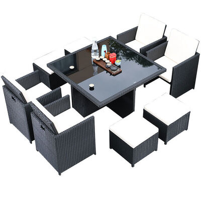 अच्छा दाम 8 सीटर आउटडोर रतन कुर्सियां आंगन उद्यान अंतरिक्ष की बचत टेम्पर्ड ग्लास कॉफी टेबल सेट ऑनलाइन