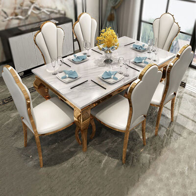 अच्छी कीमत White Marble Dining Table And Chairs Set Stainless Steel Rectangle ऑनलाइन