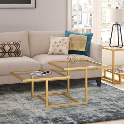 अच्छी कीमत Geometric Tempered Glass Coffee Tables Gold Stainless Steel Frame For Home Hotel ऑनलाइन